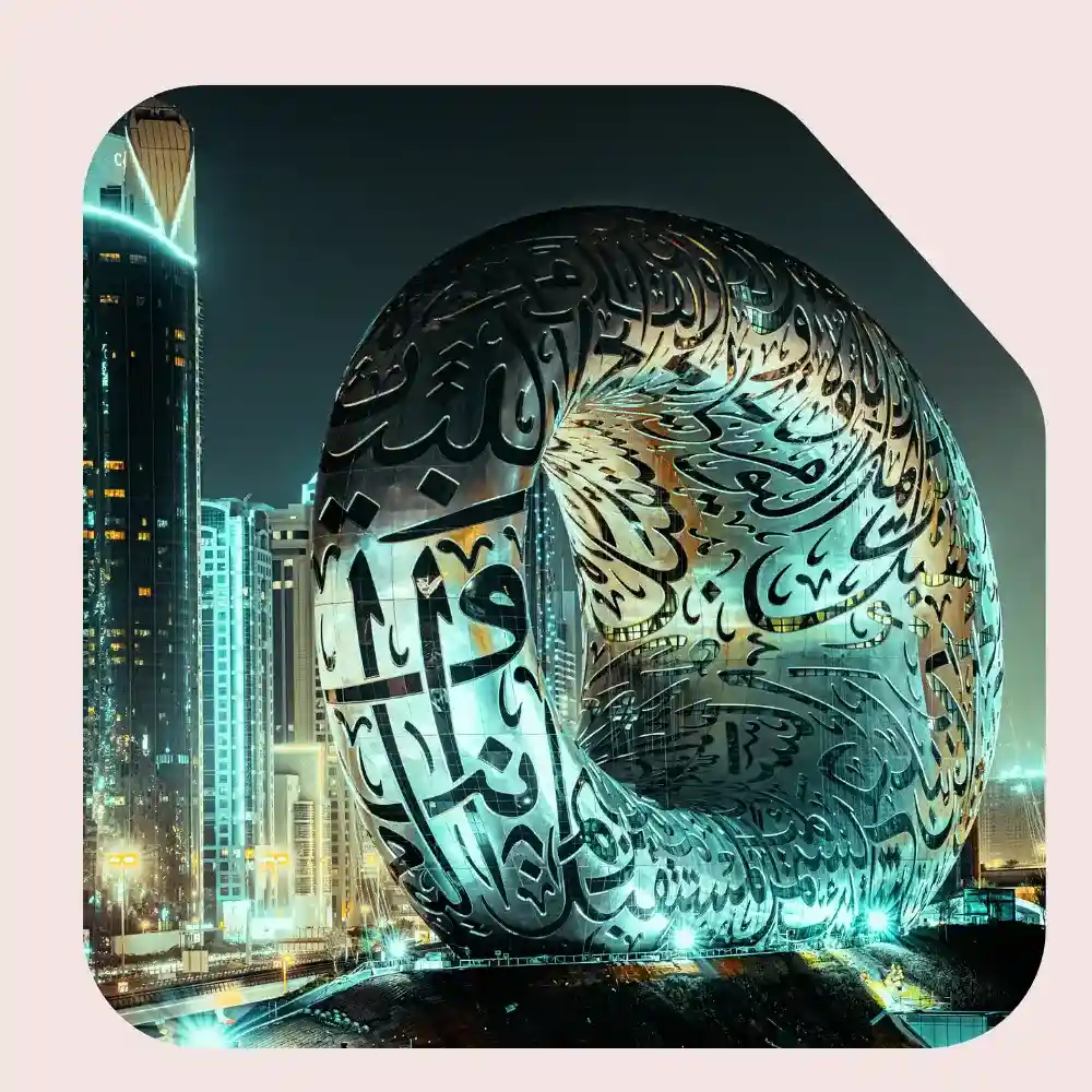 freelance digital marketing analyst in Dubai; image showing the world's best building, the future museum.